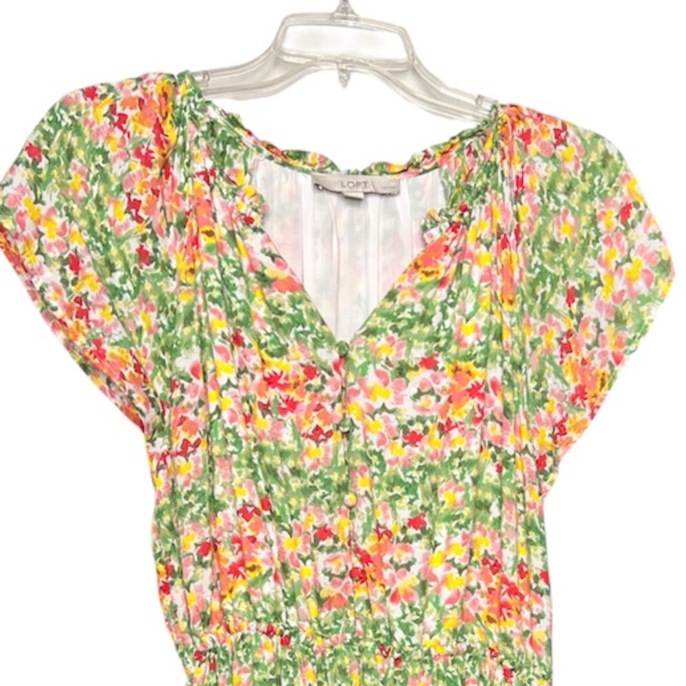 LOFT Floral Flutter Sleeve Button Front Pink Yellow Orange Floral Dress SZ PL - Picture 5 of 8